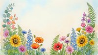 Watercolor wildflower border frame with sunflowers, poppies, roses and ferns on light background for wedding invitations, greeting cards and botanical designs.