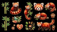 Red pandas in various poses with bamboo stalks, leaves, paw prints, and floral elements isolated on transparent background, ready for t-shirt designs, stickers, clipart, sublimation, and print-on-demand projects.