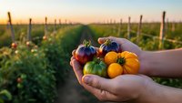 Farmer hands holding colorful heirloom tomatoes at sunset in organic vegetable garden with rows of plants stretching into distance during golden hour harvest time.