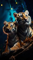 Two young Bengal tigers resting on fallen tree trunk against dark blue background with glowing lights, looking up with intense blue eyes and striped fur coats.