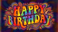 Colorful retro groovy Happy Birthday text with vibrant rainbow lettering and swirling psychedelic patterns on dark background, suitable for birthday cards, posters, and celebration designs.