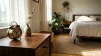 Wooden nightstand with vintage alarm clock and vase in bright bedroom with plants and natural light for home decor design.