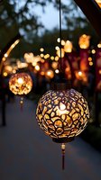 Ornate hanging lanterns with intricate cutout patterns glowing warmly at dusk, creating magical bokeh effect in background. Perfect for garden party or wedding decor.