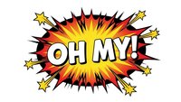 Comic book style explosion burst with OH MY text in white letters surrounded by yellow orange red radiating rays and stars on transparent background.