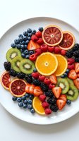 Colorful fruit platter arranged in heart shape on white ceramic plate featuring blueberries, raspberries, blackberries, strawberries, kiwi slices, and citrus rounds for healthy eating and entertaining.
