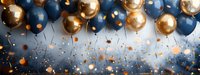 Festive navy blue and gold balloons floating with confetti against blurred background, creating luxurious party atmosphere for celebration events.