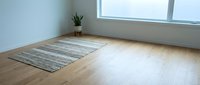 Minimalist empty room interior with wooden floor, gray striped rug, small plant and natural window light for modern home design and real estate.