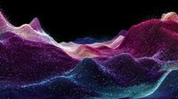 Abstract digital landscape with colorful particle waves in purple, pink, and blue tones against black background, creating futuristic mountain-like formations.