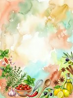 Watercolor cooking background with fresh herbs, vegetables, spices, and olive oil arranged on bottom border, featuring soft pastel washes in peach, green, and yellow tones with white space for text or design overlay.