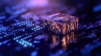 Glowing microchip on circuit board with futuristic lighting effects and depth of field. Modern processor technology concept with purple and blue tones. Digital innovation.