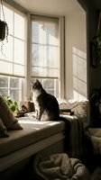 Tabby cat sitting on cozy window seat with soft sunlight streaming through blinds in comfortable living room interior for home decor and pet lifestyle.