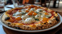 Neapolitan style pizza with eggs and tomato sauce on charred crust, topped with fresh herbs and mozzarella cheese, served on white ceramic plate in restaurant setting.