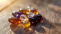 Colorful vitamin supplements and fish oil capsules scattered on rustic wooden surface with warm sunlight creating translucent glow through gel pills.