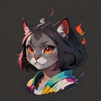 Stylized cat portrait with orange eyes wearing colorful kimono, artistic fantasy character design with dark fur and vibrant brush stroke details on dark background.
