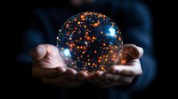 Glowing magical sphere with orange light particles floating between hands against dark background, creating mystical atmosphere and cosmic energy concept.