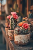 Blooming cacti with vibrant pink and orange flowers in rustic terracotta pots on wooden shelf, creating cozy home garden atmosphere.