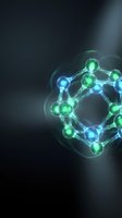 Glowing molecular structure with green and blue atoms connected by luminous bonds on dark background for science and technology concepts.