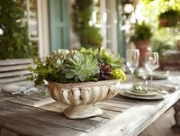 Elegant succulent arrangement in vintage ceramic bowl on rustic wooden table with place settings for outdoor dining.