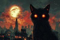Black cat with glowing orange eyes against apocalyptic cityscape at night, full moon illuminating dark urban silhouettes amid red smoky sky and floating embers.