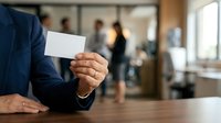 Businessman in navy suit holding blank white business card at wooden desk in modern office with blurred colleagues in background, suitable for corporate branding and professional networking concepts.