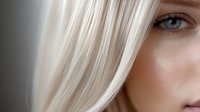 Close up portrait of young Caucasian woman with platinum blonde straight hair and natural makeup showing half of face against light background.