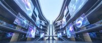 Futuristic digital corridor with glowing blue screens and symmetrical architecture, representing technology, data centers, virtual reality, and modern innovation for digital transformation concepts.