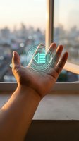 Hand holding glowing digital hologram with circular interface and data visualization against urban sunset cityscape background for technology concepts.