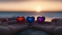 Colorful glass hearts in red, blue and purple held against sunset sky and ocean horizon, creating romantic silhouette with glowing sun in background.