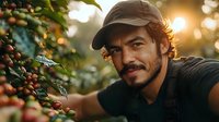 Hispanic male farmer harvesting ripe coffee cherries at sunset, wearing baseball cap and black t-shirt, with warm golden sunlight creating bokeh effect through leaves.