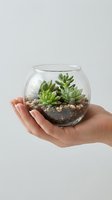 Miniature succulent garden in glass terrarium held in hand, featuring green plants and pebbles, isolated on white background for design use.