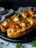 Freshly baked garlic bread topped with melted mozzarella cheese and herbs on dark plate, garnished with chopped parsley. Close-up food photography with moody lighting.