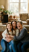 Three generations of Caucasian women laughing and hugging together on a couch in a warm, cozy living room, celebrating family bonds.