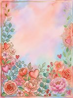 Watercolor floral border with roses, peonies, hearts and botanical leaves on soft pastel gradient background. Romantic design for greeting cards, invitations and wedding stationery.