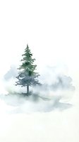 Watercolor pine tree in misty forest landscape with soft green and blue tones on white background for nature artwork and home decor projects.