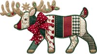 Festive patchwork reindeer with glittery antlers and red bow tie, crafted from traditional Christmas fabrics in green, red, and cream colors.