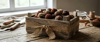 Rustic wooden crate filled with assorted chocolate truffles and cocoa-dusted confections, tied with burlap ribbon on weathered table for bakery, confectionery, or food styling projects.
