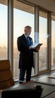 Senior Caucasian businessman in dark suit using tablet with holographic display in modern office with floor-to-ceiling windows at sunset for technology presentations.