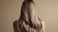 Young woman with luxurious long blonde wavy hair shown from behind against beige background, demonstrating professional hair coloring and styling results.