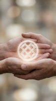 Hands holding glowing geometric symbol with interlocking pattern, representing unity, connection, and shared values in business or community context.