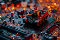 Military tank model on dark background with orange bokeh lights creating dramatic atmosphere. Miniature warfare scene with selective focus and moody lighting effects.