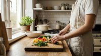 Professional chef preparing fresh colorful salad with vegetables on wooden cutting board in modern bright kitchen with natural lighting and herbs.