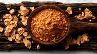 Ground turmeric powder in wooden bowl with dried root pieces scattered on dark rustic wood background, natural spice ingredient for cooking and wellness.