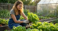 Young woman gardener harvesting fresh lettuce in organic vegetable garden during golden hour sunlight for healthy sustainable living.