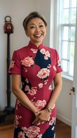 Asian woman wearing traditional qipao dress in burgundy and navy with pink floral pattern, displaying genuine warm smile near bright window. Professional lifestyle portrait.