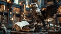 Majestic eagle sculpture next to open antique book in mystical library setting with glowing candles and atmospheric bokeh lighting creates magical ambiance.
