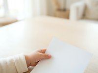 Person with light skin tone holding blank white paper sheet on table in bright interior space for mockup and branding purposes.