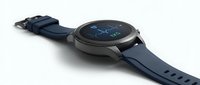 Smartwatch with dark blue silicone band and round display showing digital interface, isolated on white background for product design and technology marketing use.