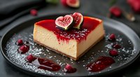 Creamy cheesecake slice topped with red berry sauce, fresh fig halves, and scattered raspberries on dark plate, dusted with powdered sugar. Elegant dessert setup.
