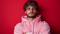 Young man with beard wearing pink hoodie against red background, looking confidently at camera with slight smile. Modern casual urban fashion portrait.