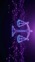 Digital scales of justice hologram with network connections on purple background for legal technology and blockchain law concepts.
